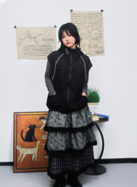 A DIMPLE秋季新款原创格纹复古撞色拼接蛋糕裙抽绳花边百搭半身裙