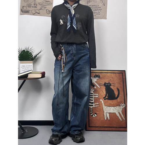 秋冬微弯刀宽松显瘦百搭牛仔裤