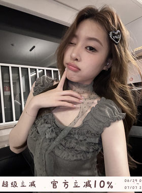 木耳花边波点系带方领无袖T恤女