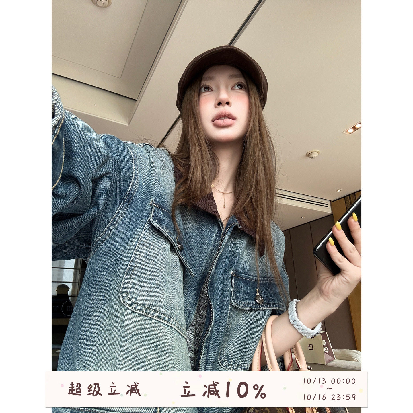 oooodd  巴恩风美式复古百搭拼接翻领多口袋水洗牛仔夹克外套女秋