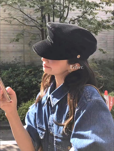 韩版ins博主fever同款黑色八奶丝绒百搭简约版型好的鸭舌报童帽女