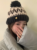 东大门韩系ins博主fever同款 日常甜美毛线帽条纹毛球拼色针织帽子