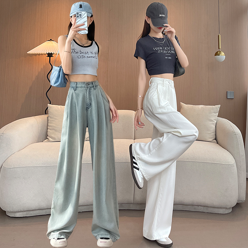 高腰天丝牛仔裤女夏季薄款直筒显瘦垂感阔腿裤梨型身材拖地冰丝裤