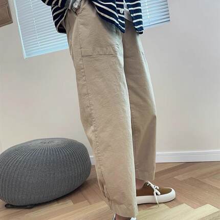 韩国东大门女装春季舒适松紧腰抽绳系带卡其色九分裤哈伦裤休闲裤