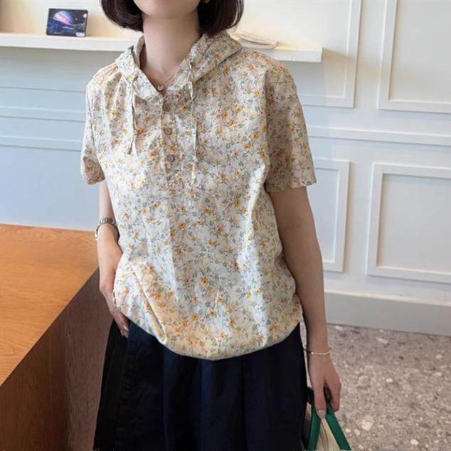 韩国东大门女装夏季甜美小清新碎花抽绳系带薄款连帽套头短袖小衫