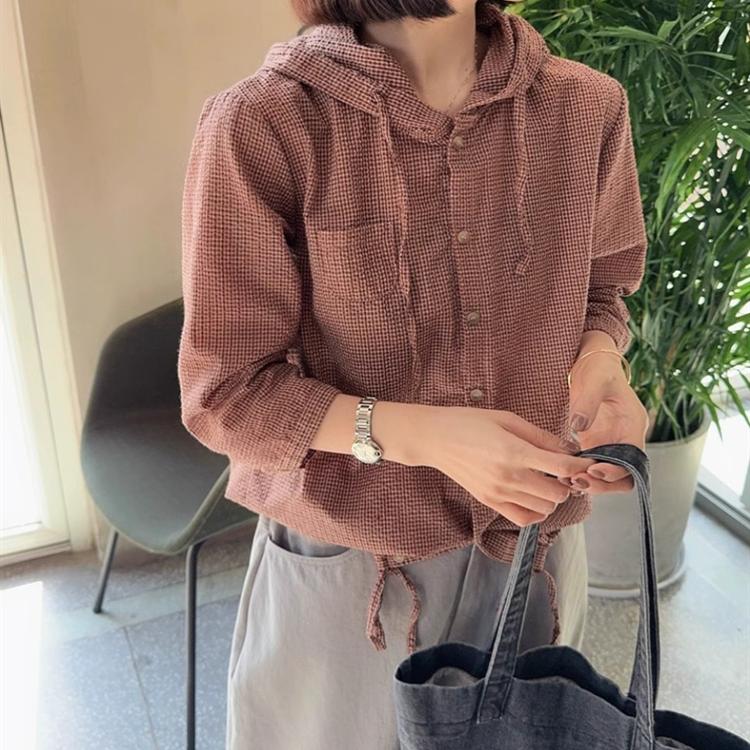 韩国东大门女装春季简约宽松休闲风凹凸气泡感格子七分袖连帽衬衫