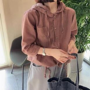 韩国东大门女装春季简约宽松休闲风凹凸气泡感格子七分袖连帽衬衫