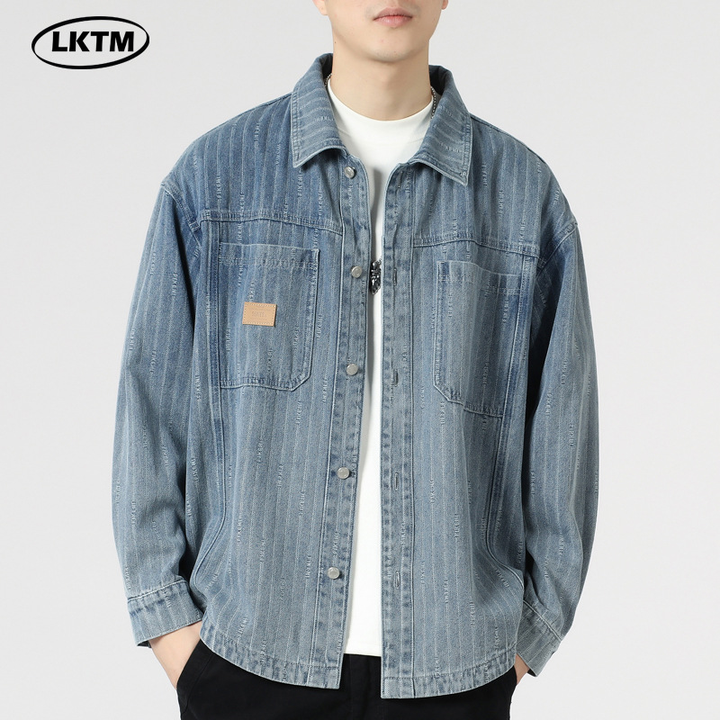 LKTM男装#2025新款美式重磅复古竖条纹牛仔衬衫男ins潮牌宽松衬衣