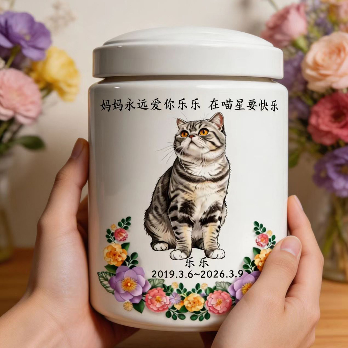 来图定制宠物灰骨罐手绘猫咪狗狗肖像陶瓷密封防潮灰骨盒小动物罐