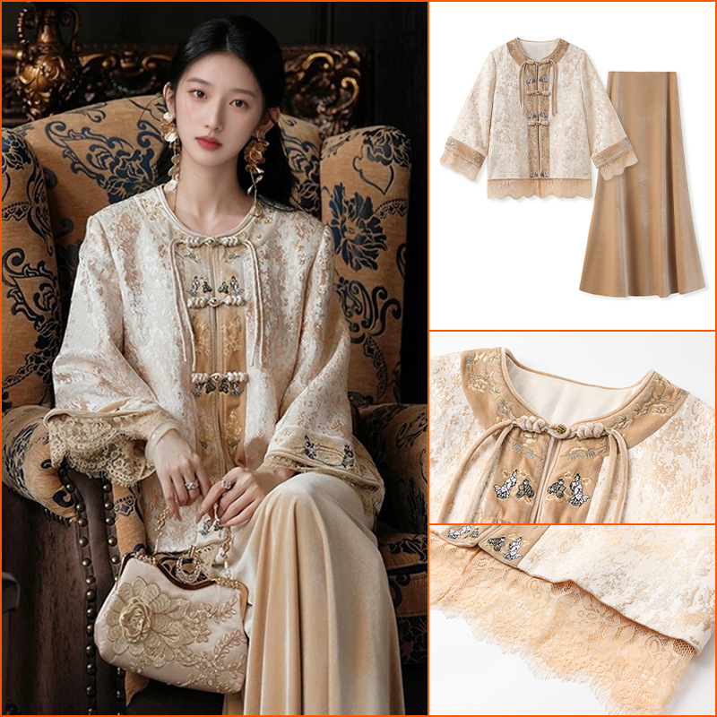 2025新中式国风蕾丝袖宽松盘扣上衣气质轻奢半裙套装女MX1