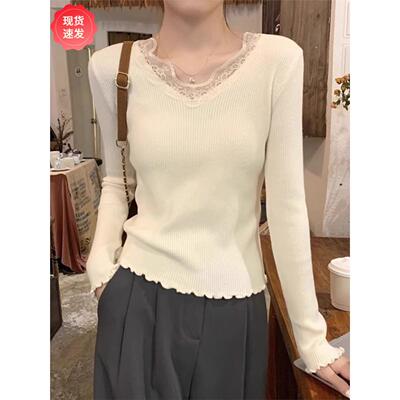 法式木耳边拼接蕾丝长袖