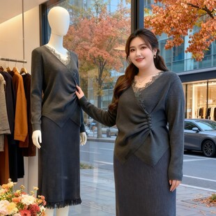 大码高级感灰色v领蕾丝假两件针织衫女秋冬微胖mm内搭打底衫上衣