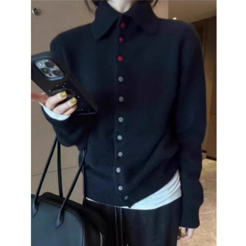 黑色polo翻领毛衣开衫羊毛针织外套女打底衣内搭高级感减龄上衣春