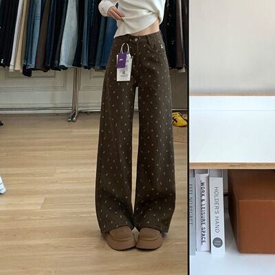 棕咖色碎花直筒牛仔裤女2