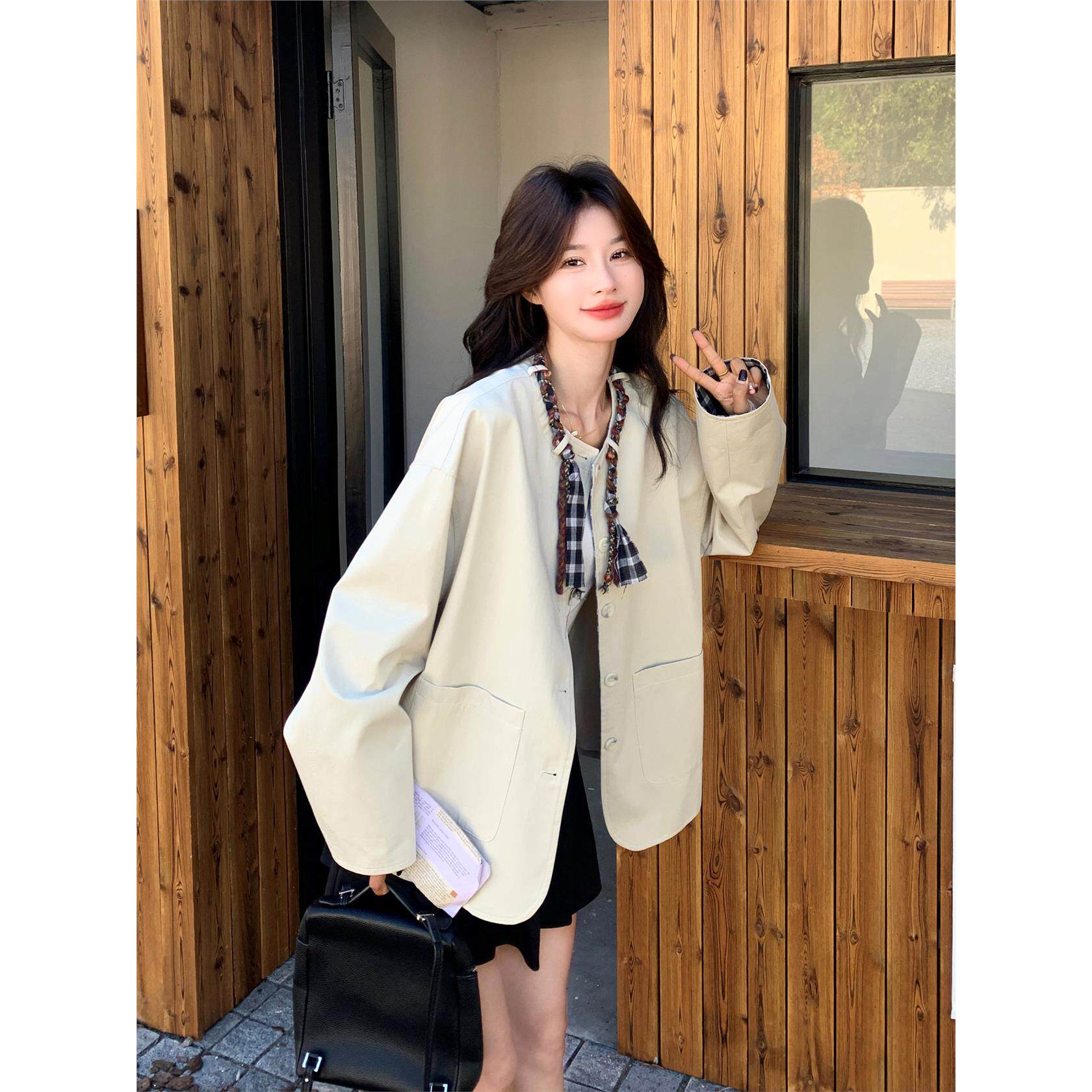 米色韩系格子领带设计感休闲外套女秋季2025新款巨好看的减龄夹克