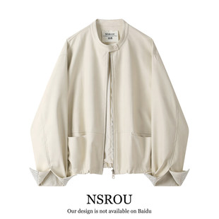 韩系开春米白色圆领皮衣外套女款2025新款小个子春秋机车夹克上衣