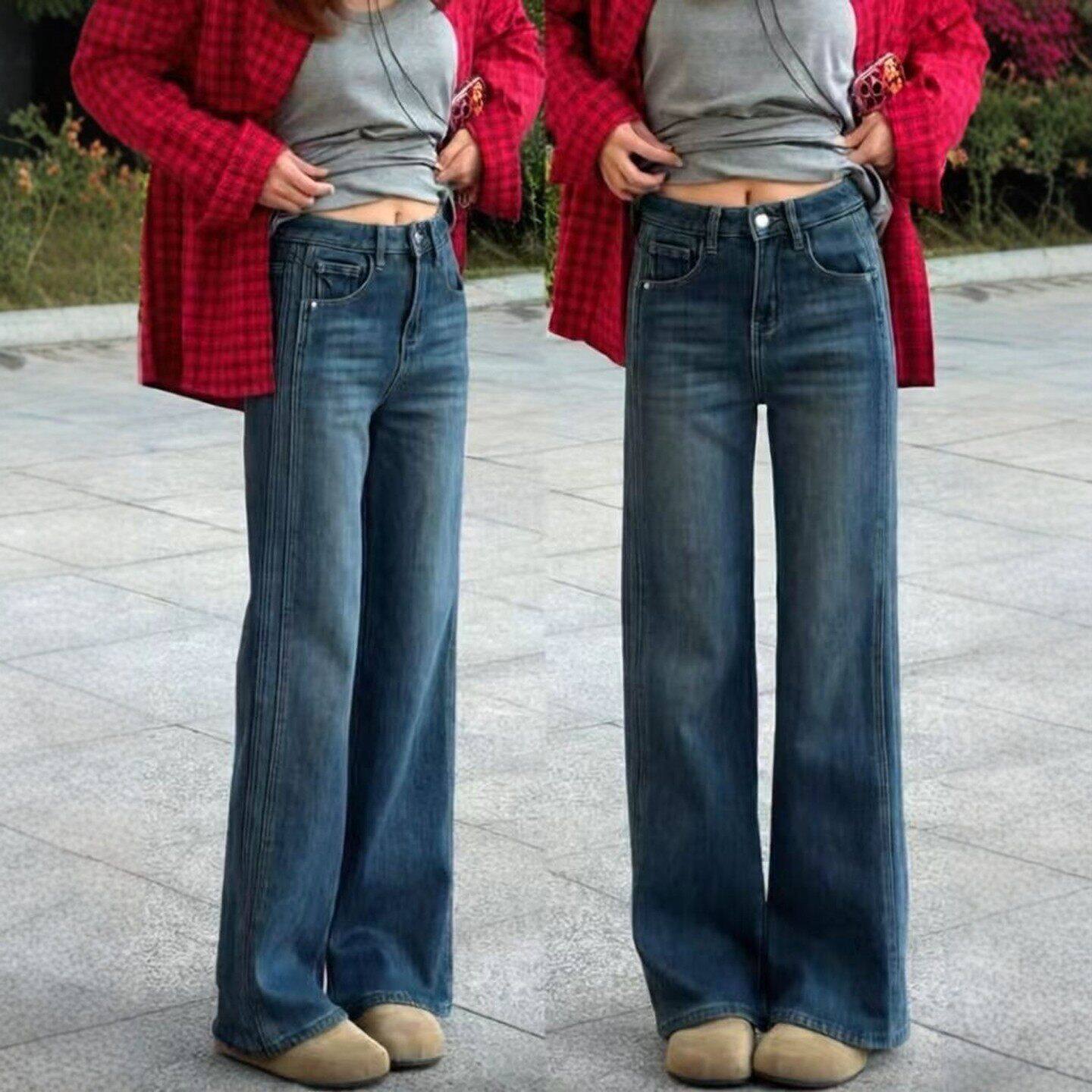 美式复古蓝色阔腿牛仔裤女春季新款大码胖mm显瘦高腰宽松直筒长裤