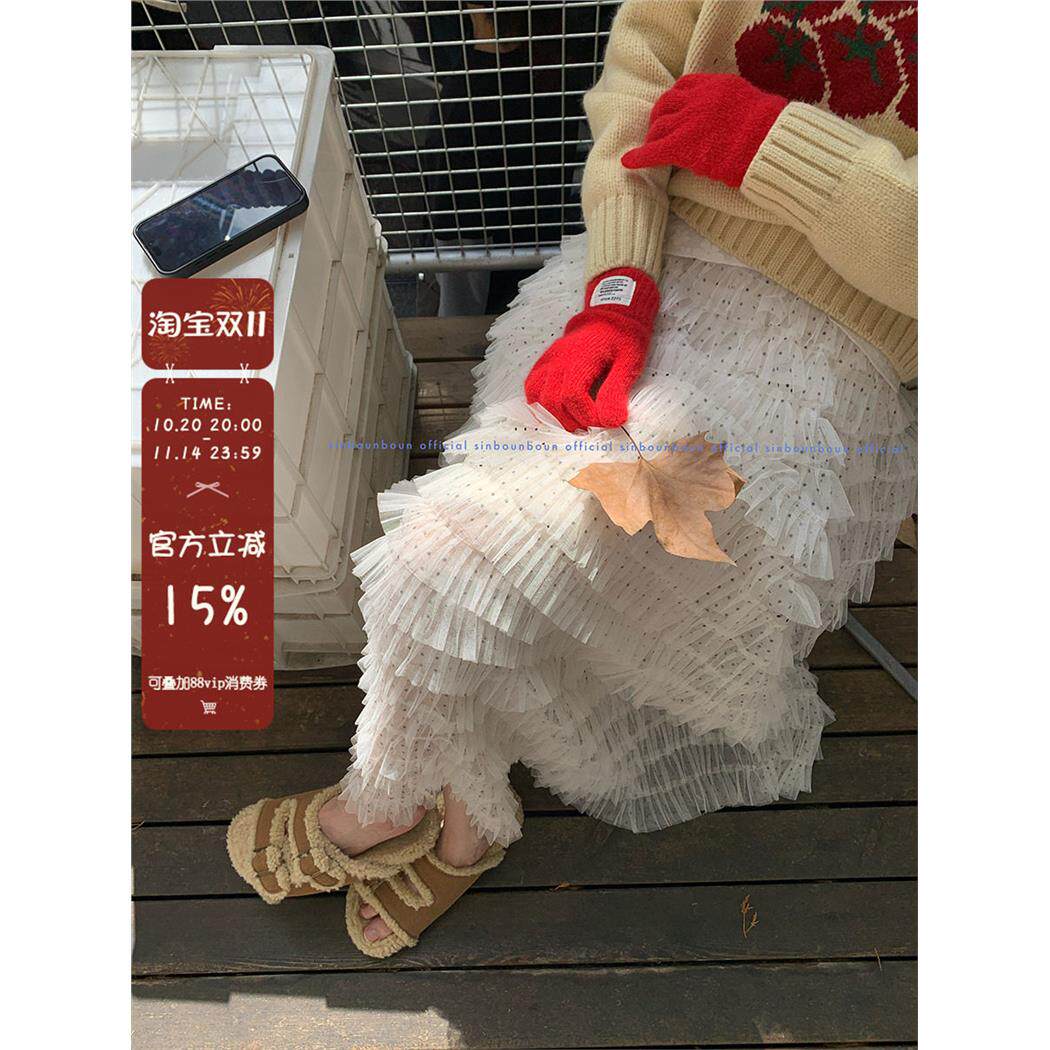馨帮帮 波点网纱蛋糕裙2025秋仙气蓬蓬长款纱裙层次感A字半身裙女