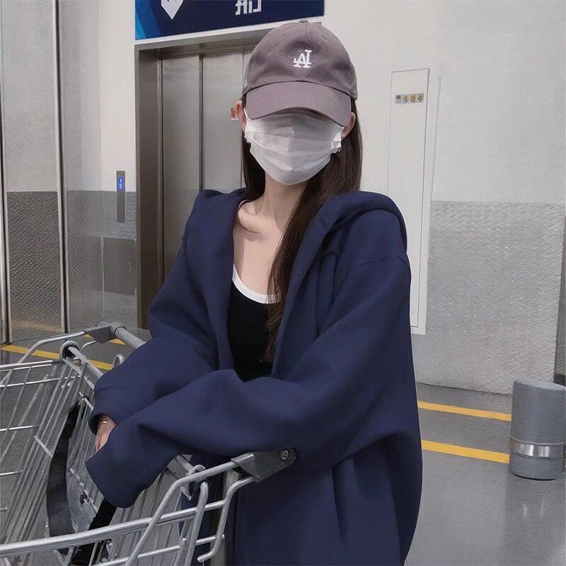 连帽卫衣拉链外套女开衫早春2026新款藏蓝色秋冬加绒加厚宽松上衣