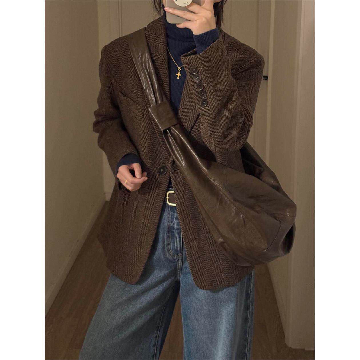 2025秋冬新款人字纹美拉德小个子高级感西装外套气质韩系呢子大衣