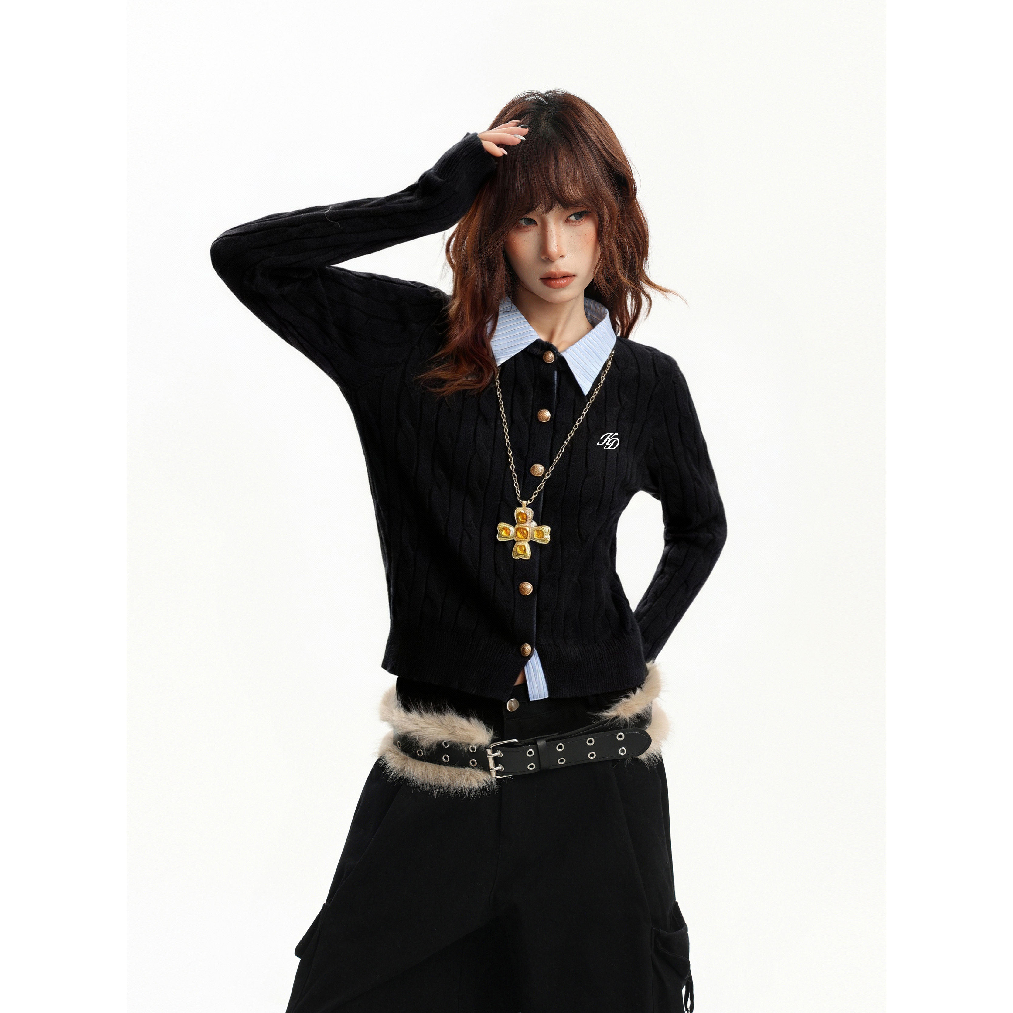 美式黑色麻花polo领假两件长袖针织开衫女秋冬季修身短款毛衣上衣