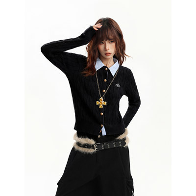 美式黑色麻花polo领假两