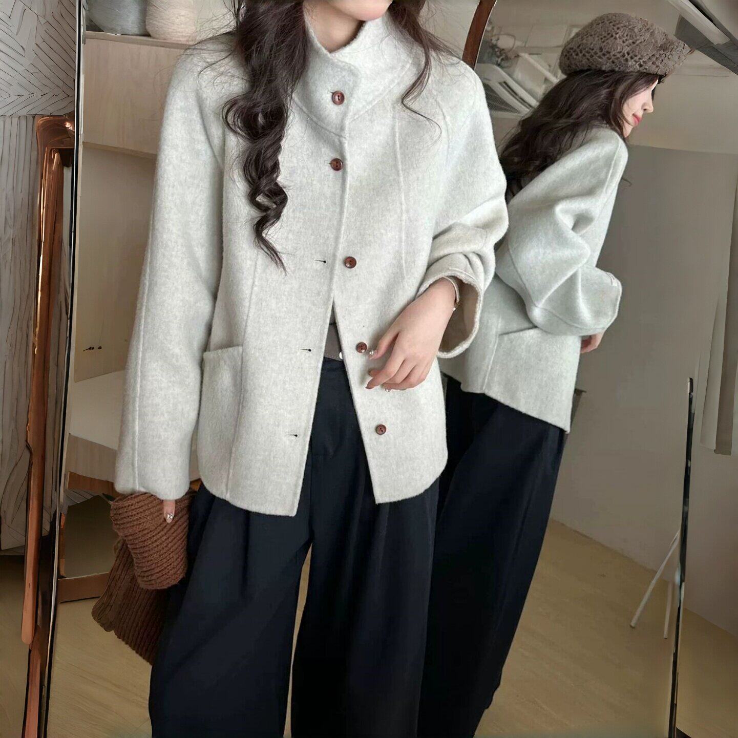2025韩系立领山羊绒毛呢外套女短款宽松显瘦小个子高级感气质大衣