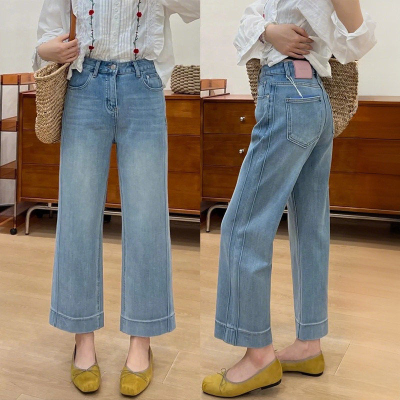 浅色九分直筒牛仔裤女夏薄款小个子窄版阔腿裤大尺码胖mm弹力烟管