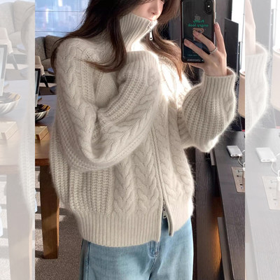 秋冬浣熊绒高领拉链麻花