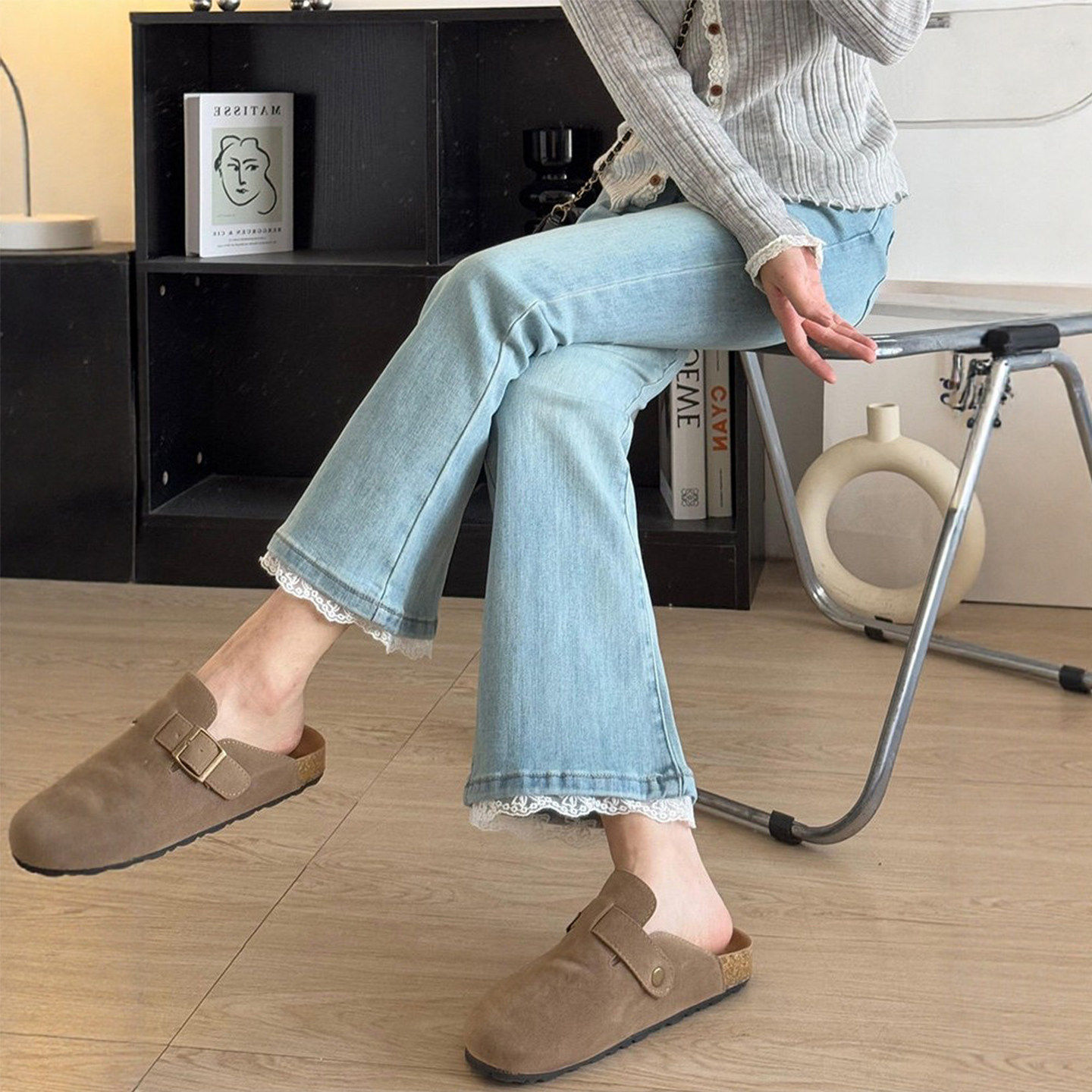 浅蓝色蕾丝微喇牛仔裤女春季新款大尺码胖mm高腰显瘦弹力九分阔腿