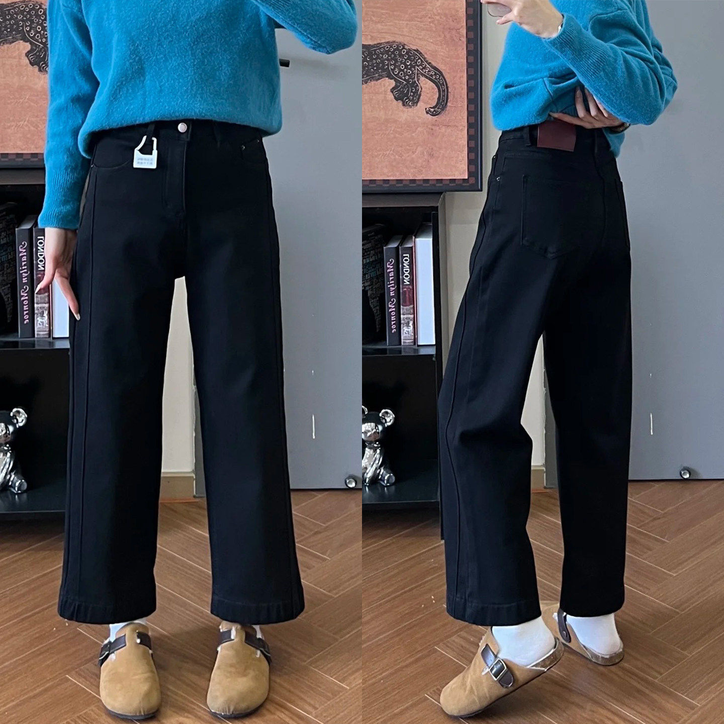 黑色加绒裤子冬小个子窄版直筒牛仔裤女胖mm大尺码巨显瘦九分烟管