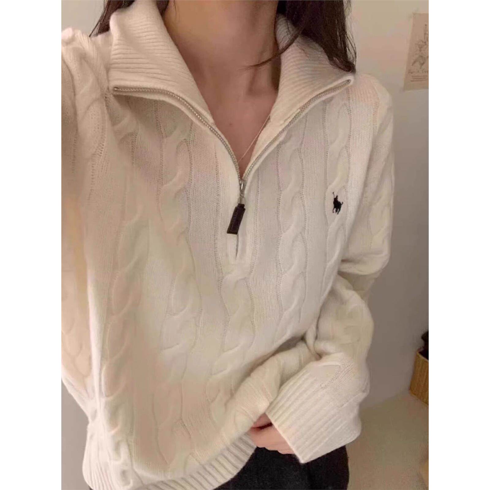 新款白色毛衣女士秋冬季加厚翻领超洋气外穿羊毛半拉炼针织衫上衣