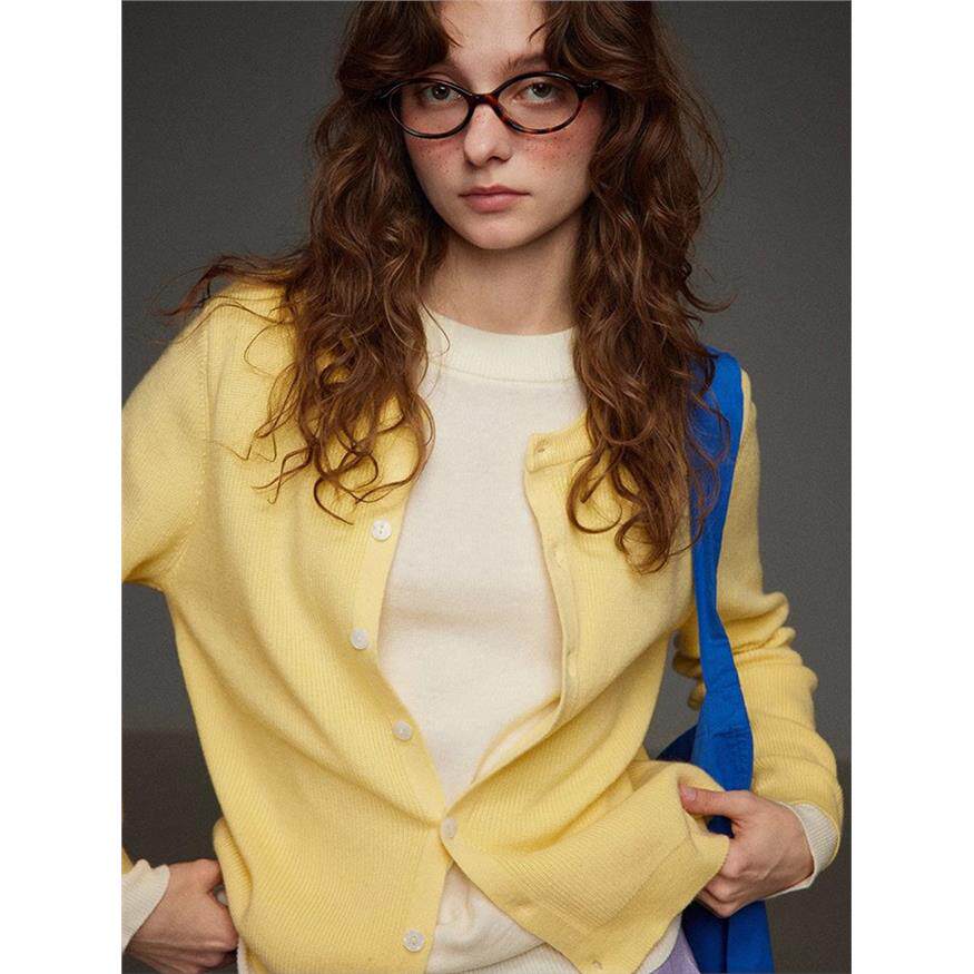 奶黄色假两件针织开衫外套女春秋设计感小众薄款圆领防晒外搭上衣