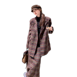 韩系高级感格纹毛呢西装套装女2025年秋冬季新款显瘦半身裙两件套，女装西装，浙宝202