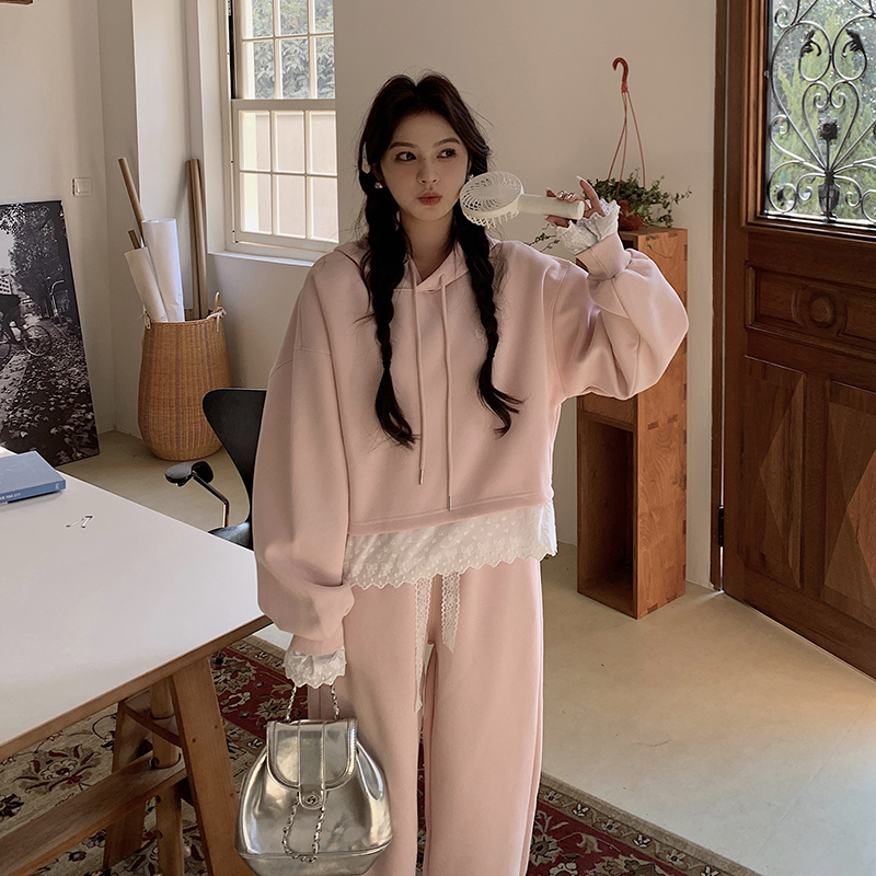 韩系假两件拼接蕾丝卫衣女春季2025新款洋气时髦休闲裤，商品下架区商品下架区，浙宝202