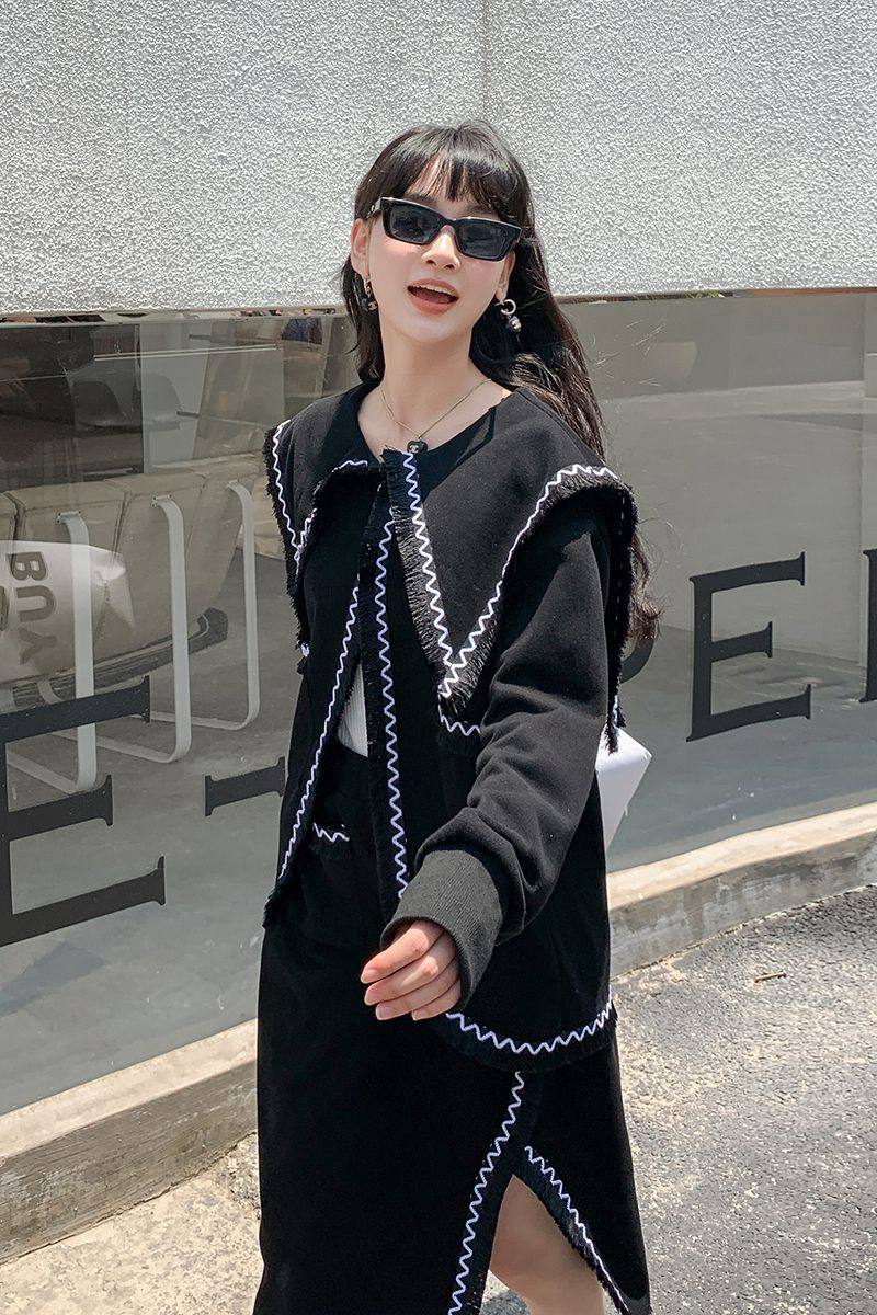 设计感小众海军领上衣开叉半身裙两件套春秋前卫时髦小香风套装女,女装套装/套裙,浙宝202