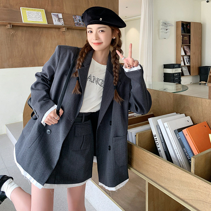 春装现货休闲拼接条纹西装+短裙两件套装女202A-711-P175控238,商品下架区,浙宝202
