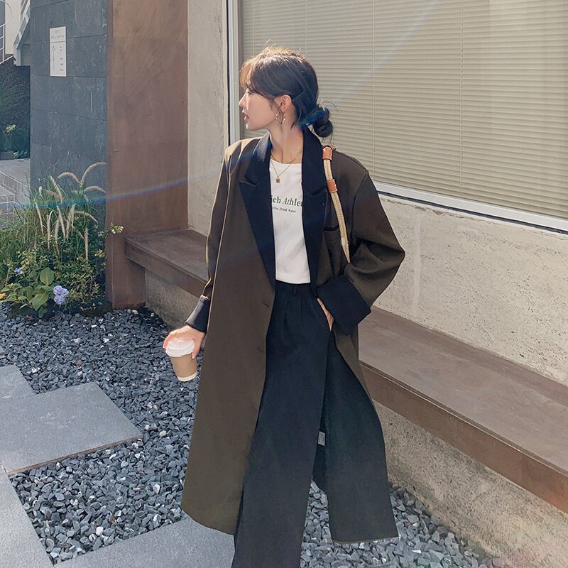 春装现货休闲撞色拼接长款西装风衣女202A-8803-P155K248，女装西装，浙宝202