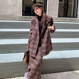 韩系高级感格纹毛呢西装套装女2025年秋冬季新款显瘦半身裙两件套，女装西装，浙宝202