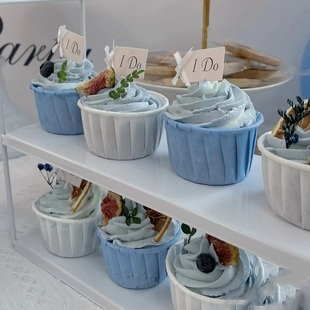 浅蓝色甜品台装 饰插件婚礼插排淡蓝白订婚推推乐贴纸布丁杯封口纸