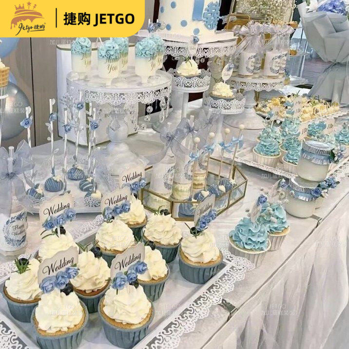订婚蛋糕蓝色婚礼甜品台装饰雾霾蓝推推乐蛋糕筒浅蓝色贴纸棒棒糖