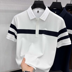商务休闲t恤夏季 撞色条纹翻领POLO衫 男士 短袖 T恤下摆开叉 含棉半袖