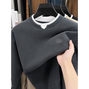 圆领假两件奥利绒卫衣男款加绒加厚秋冬季新款中青年打底衫男内搭