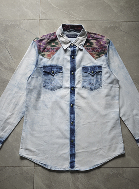 HYDROGEN春秋款衬衫刺绣长袖衬衣休闲时尚纯色纯棉修身上衣潮蓝色