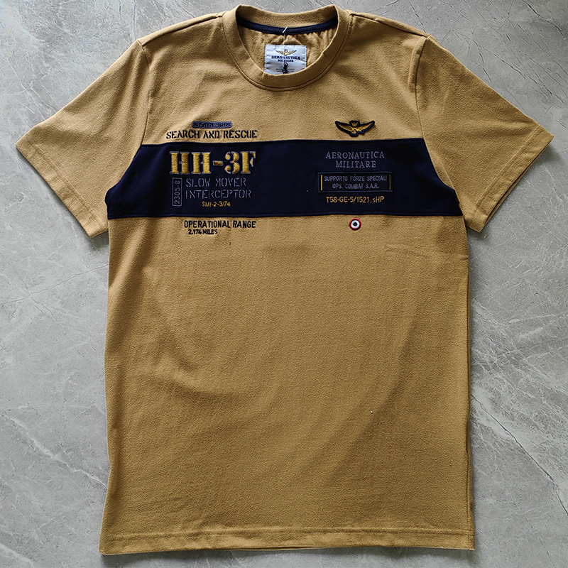 夏季男装圆领短袖t恤空军一号am纯棉刺绣潮直筒拼色上衣修身军旅