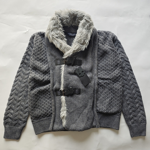 HYDROGEN毛领针织开衫男秋冬皮扣外套慵懒风保暖毛衣