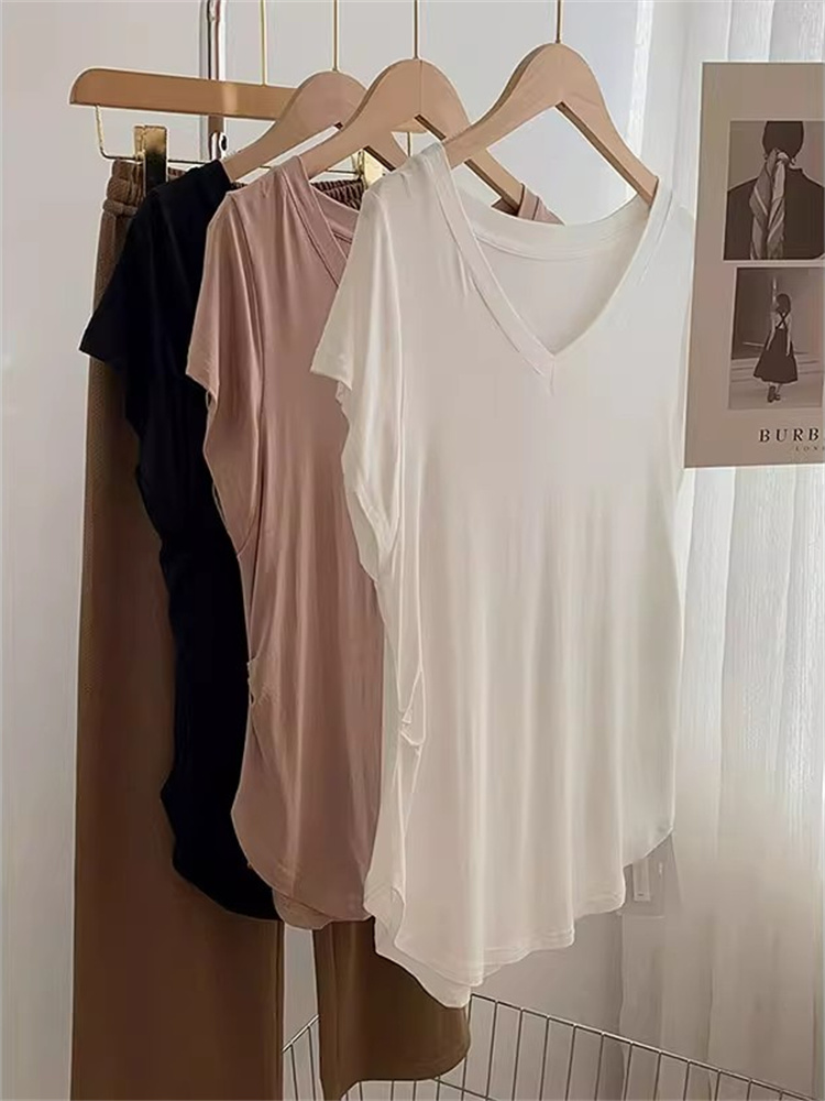 纯欲风性感莫代尔纯色短袖V领T恤