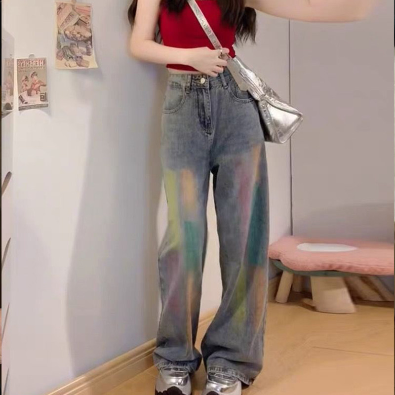 美式复古彩虹涂鸦牛仔裤女2026春秋新款高腰阔腿宽松直筒拖地裤子,女装/女士精品,大码裤装,淘宝优惠券,粉丝福利购,淘宝优惠卷