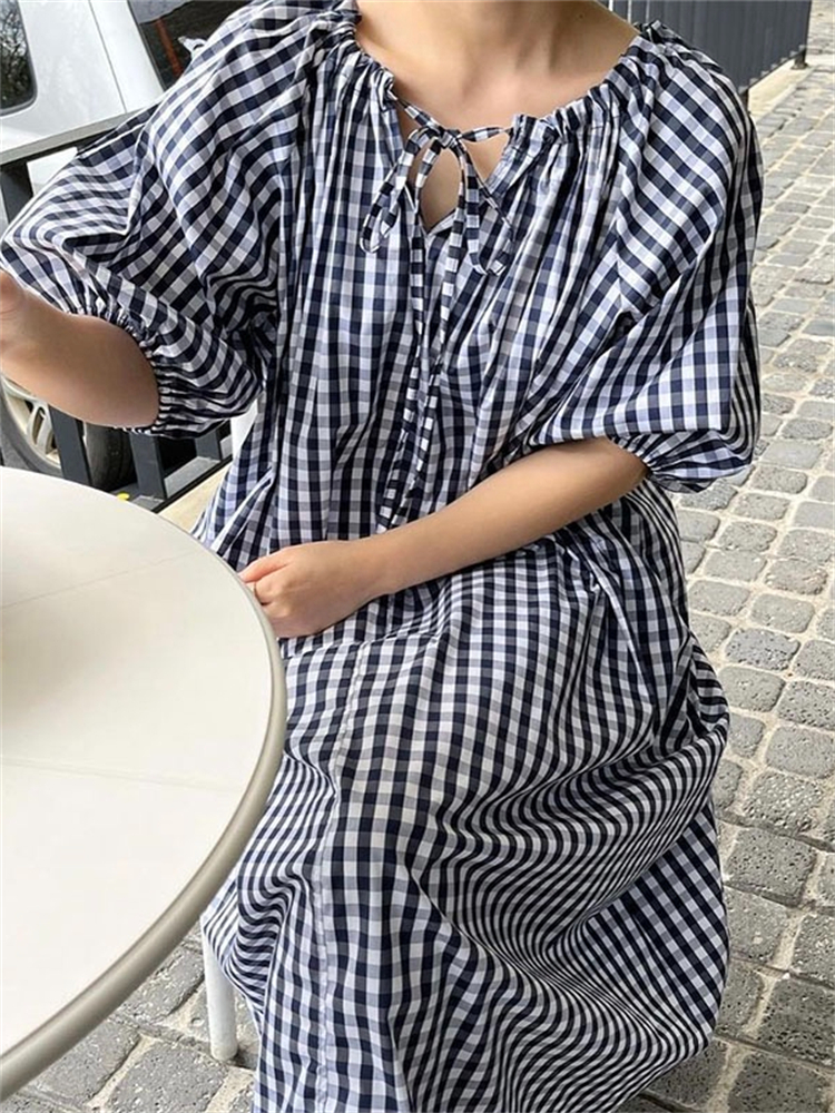 韩国chic复古条纹泡泡袖连衣裙女