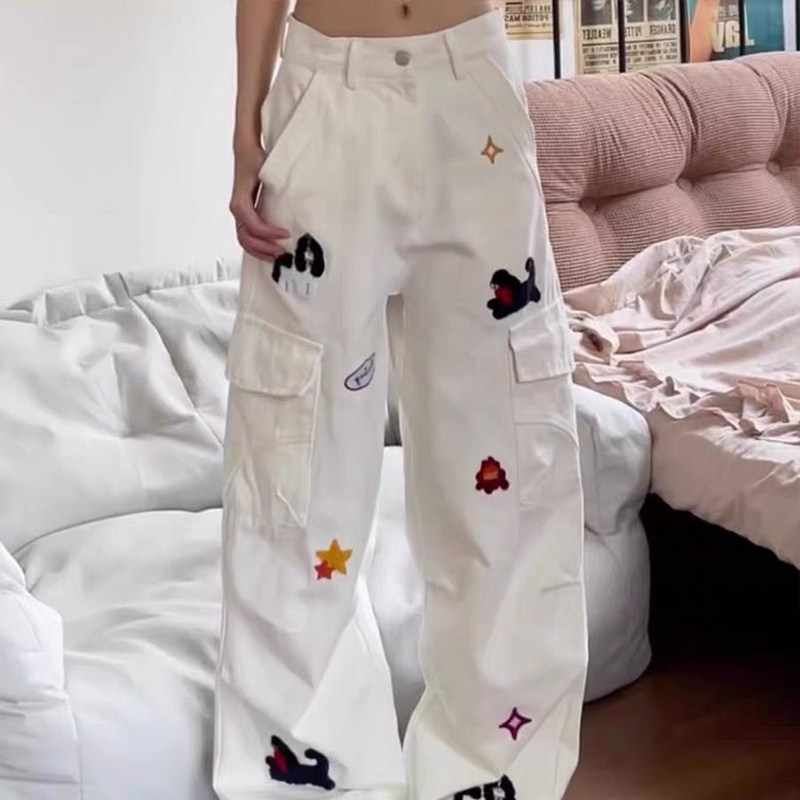 美式复古刺绣白色工装牛仔裤春秋高街设计感裤子女直筒宽松阔腿裤,女装/女士精品,大码裤装,淘宝优惠券,粉丝福利购,淘宝优惠卷